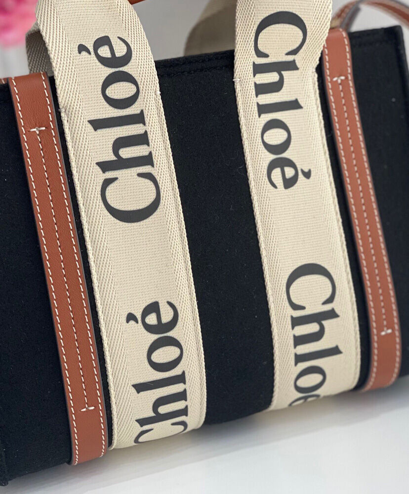 Chloe Small Woody Tote Bag With Strap Canvas with Leather Black